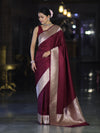 Banarasee Handwoven Plain Semi Katan Saree With Broad Zari Border-Deep Maroon