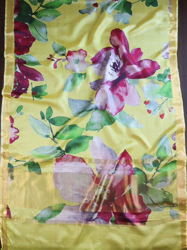 Banarasee Pure Tussar Silk Saree With Digital Print & Zari Border-Yellow