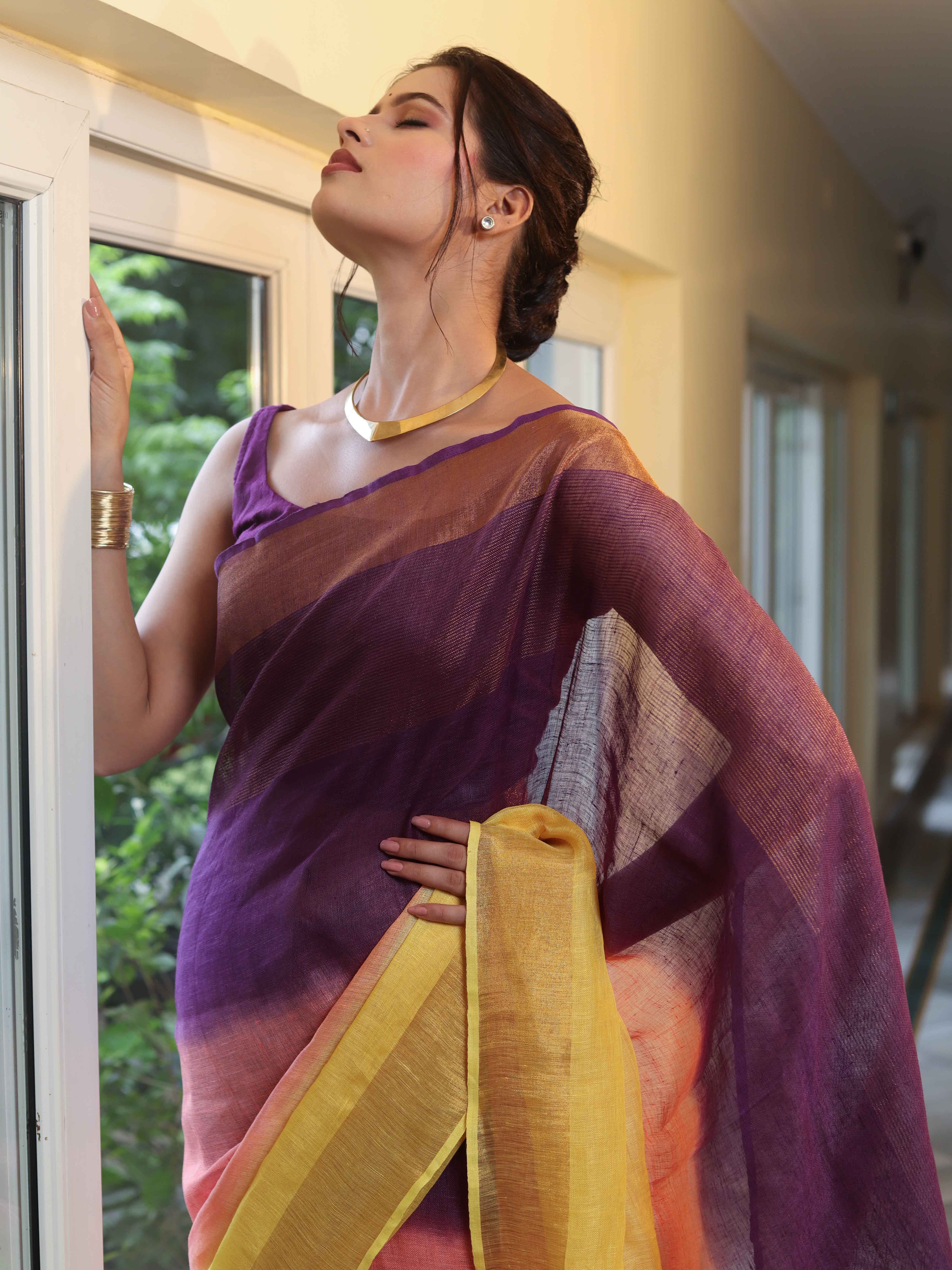Banarasee Handloom Pure Linen Shine Saree-Multicolor
