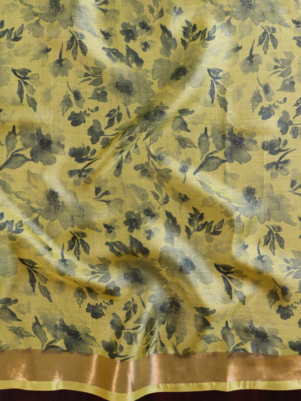 Banarasee Pure Tussar Silk Saree With Digital Print & Zari Border-Yellow