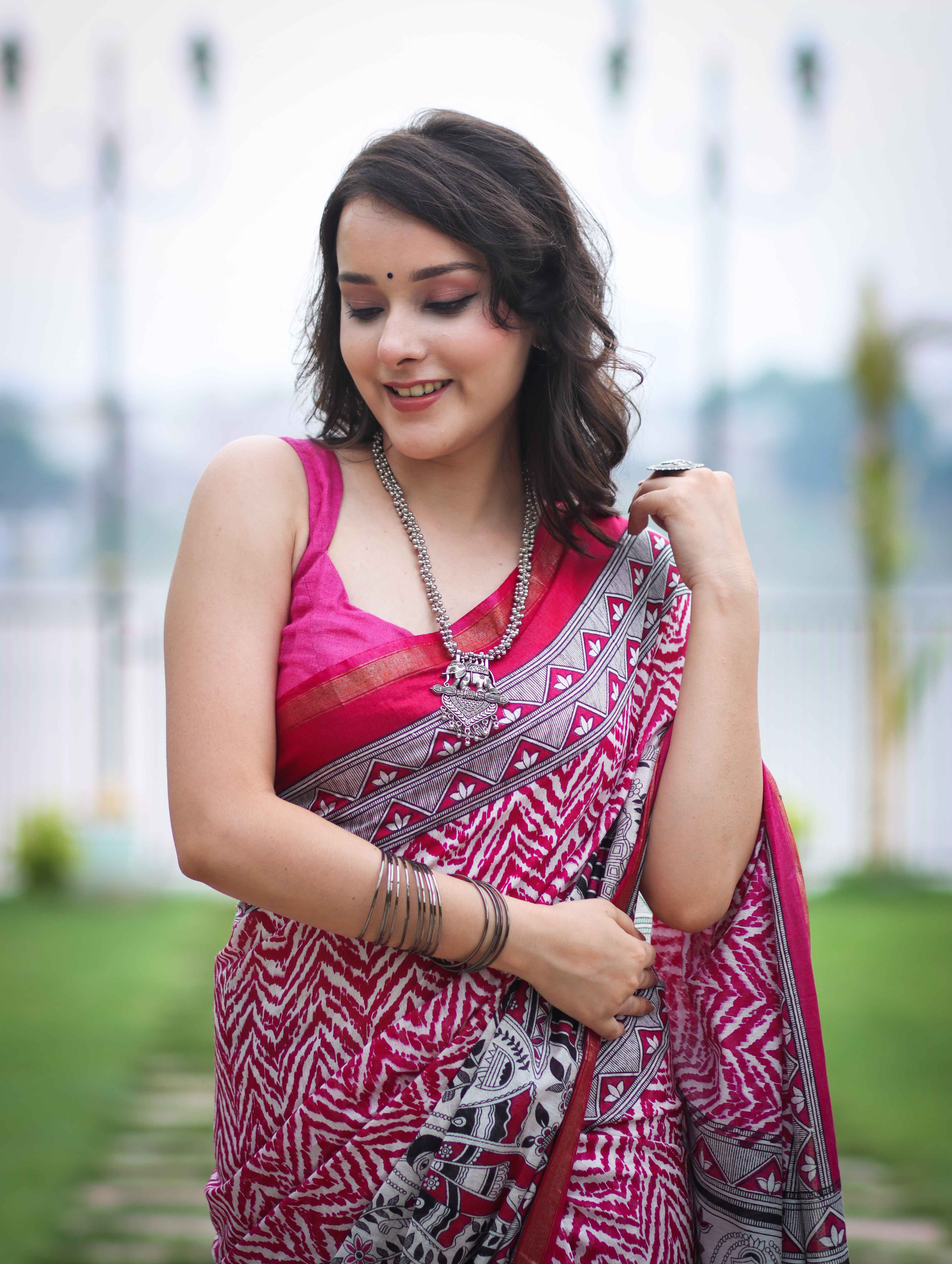 Bhagalpur Cotton Silk Ghichha Work Saree With Madhubani Print-Magenta
