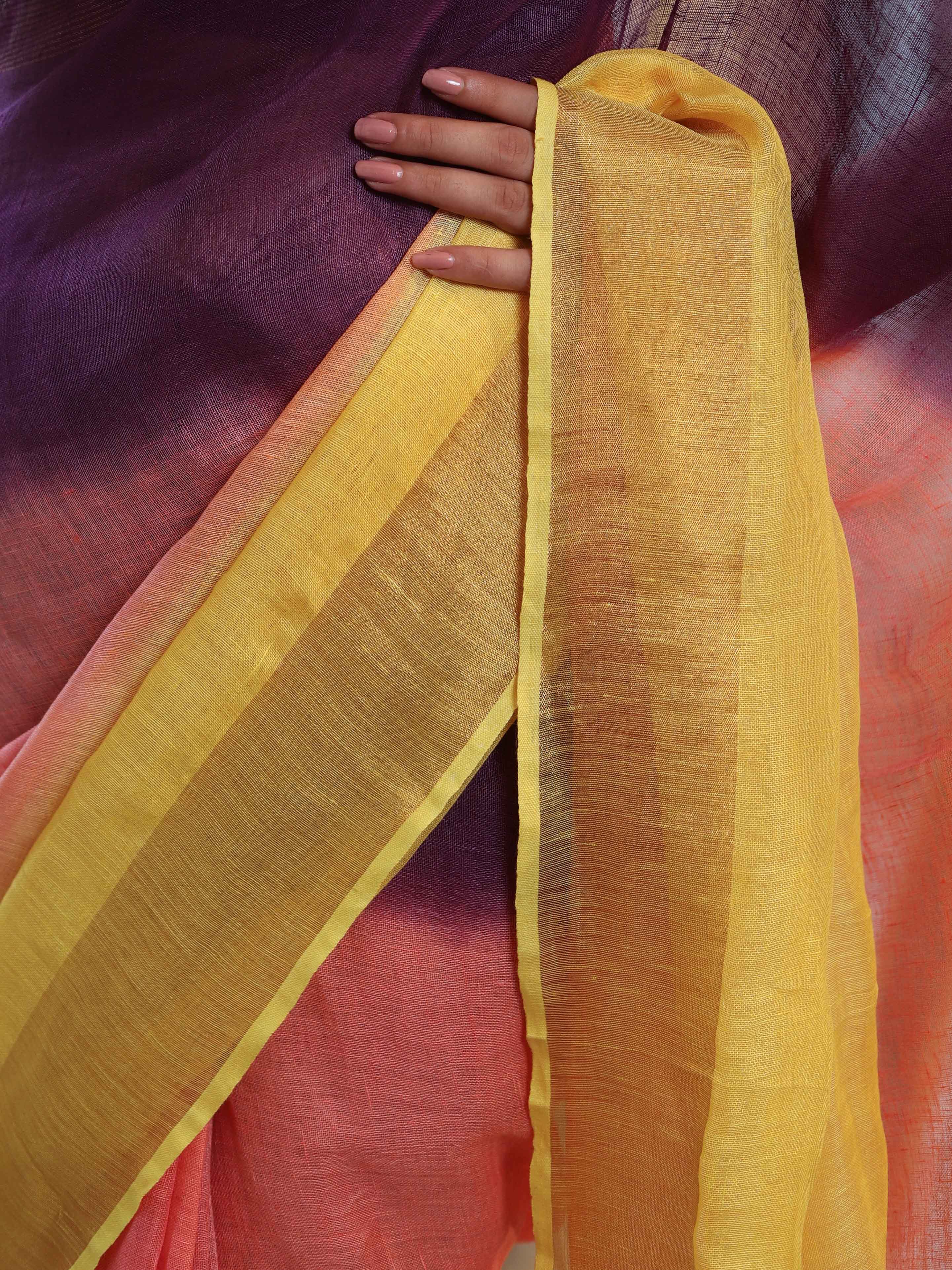 Banarasee Handloom Pure Linen Shine Saree-Multicolor