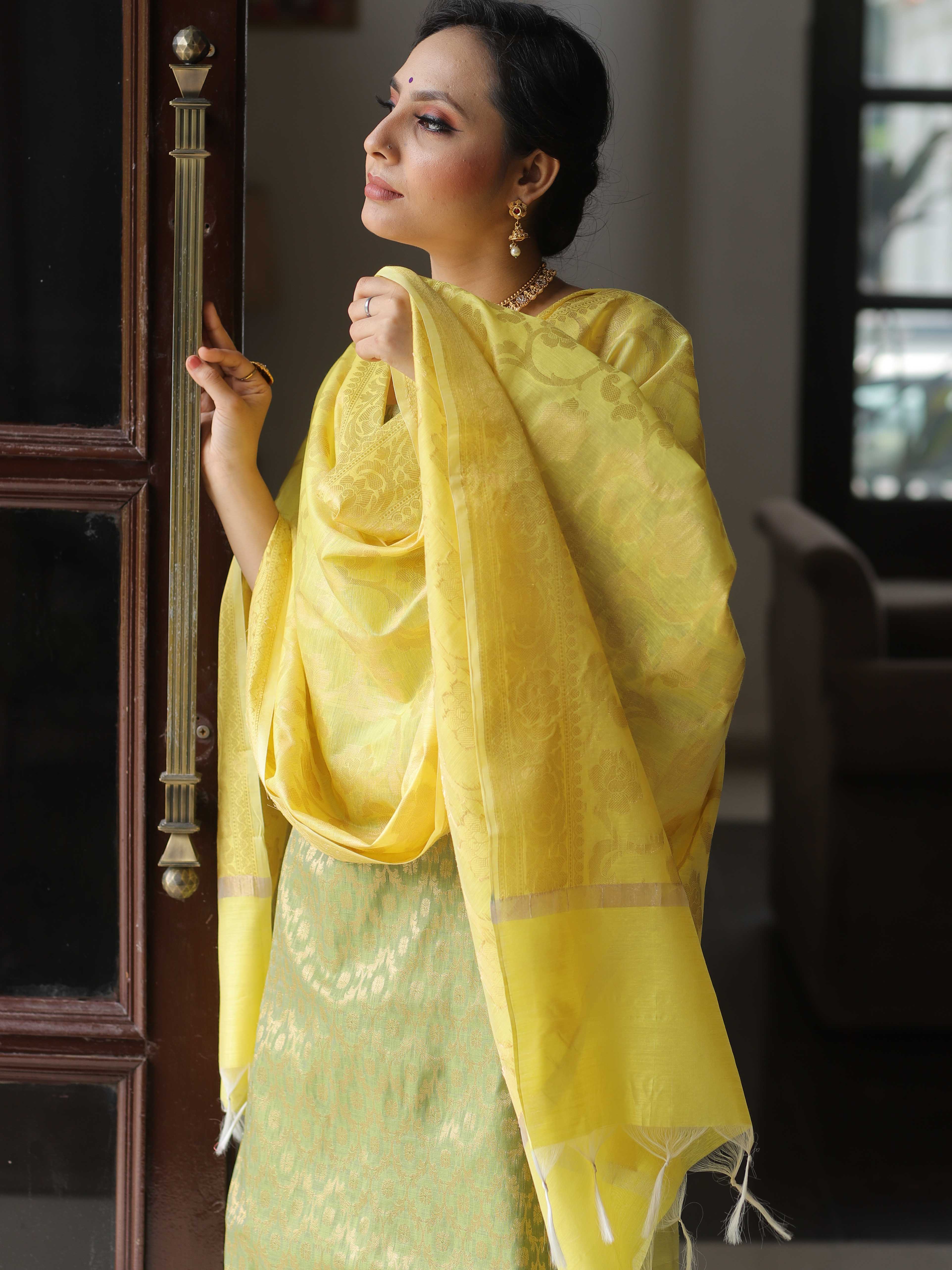Banarasee Chanderi Cotton Salwar Kameez Fabric With Antique Zari & Contrast Dupatta-Green & Yellow
