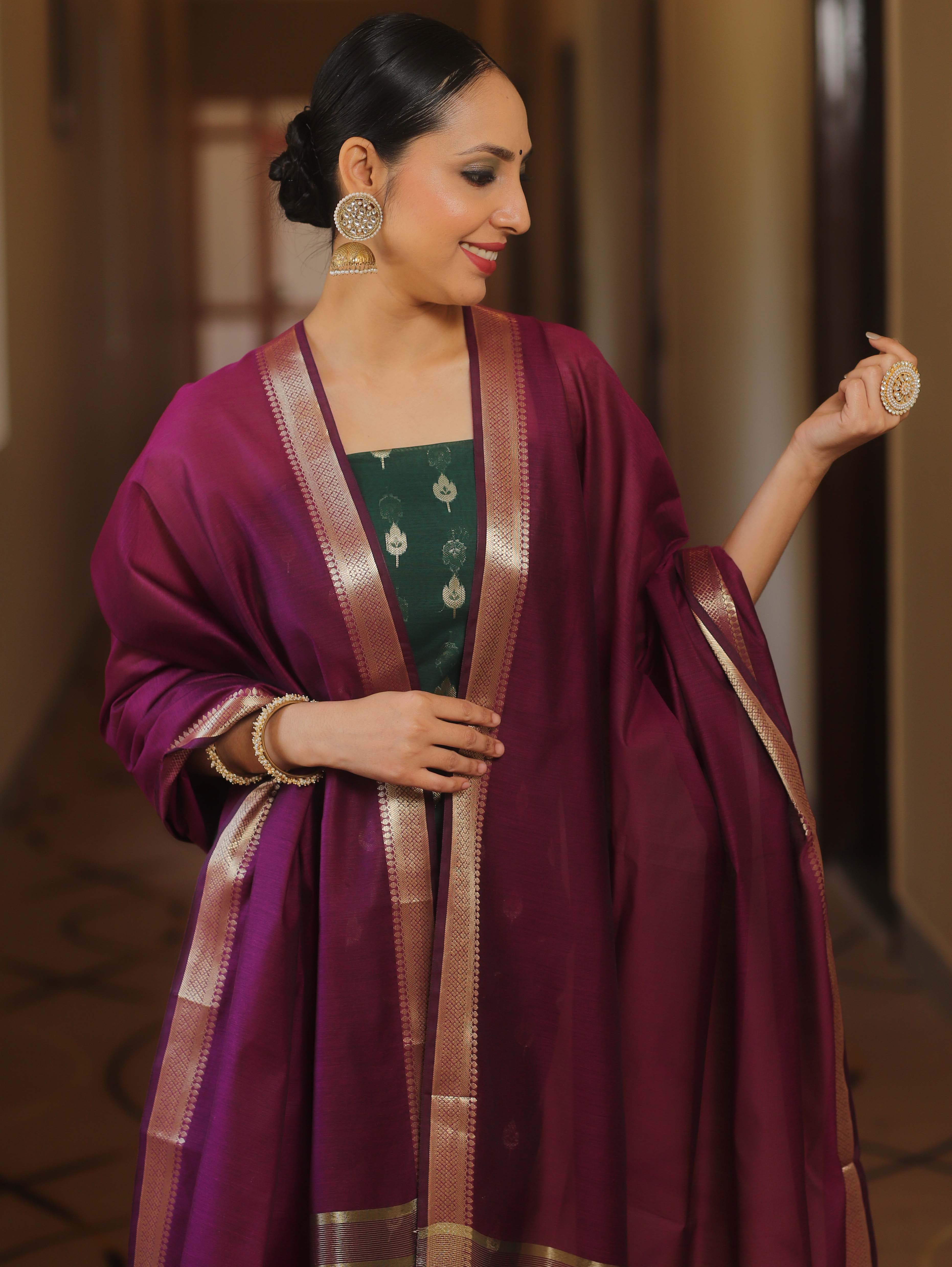 Banarasee Cotton Silk Zari Work Salwar Kameez Fabric With Plain Contrast Dupatta-Green & Magenta