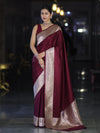 Banarasee Handwoven Plain Semi Katan Saree With Broad Zari Border-Deep Maroon