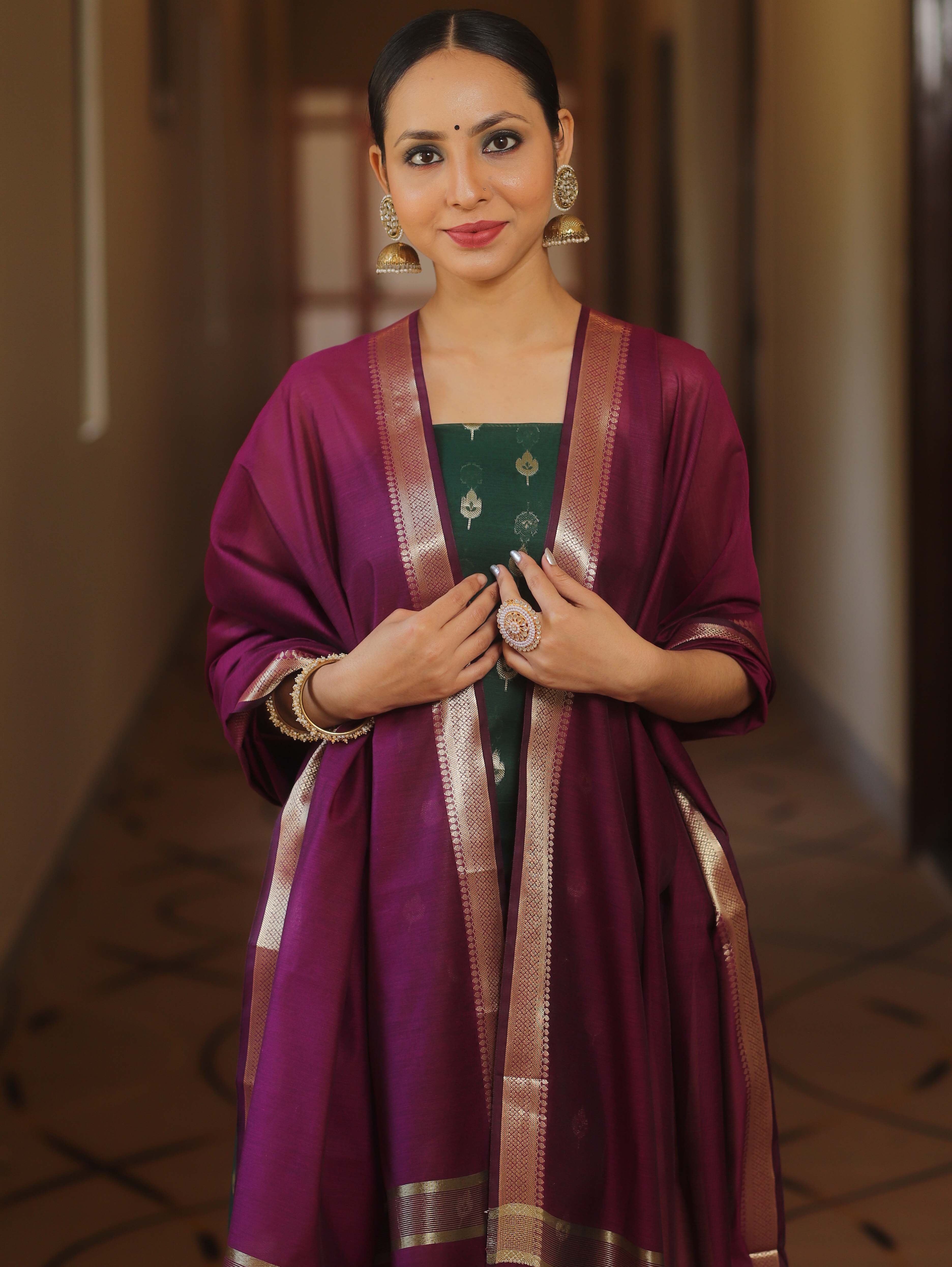 Banarasee Cotton Silk Zari Work Salwar Kameez Fabric With Plain Contrast Dupatta-Green & Magenta