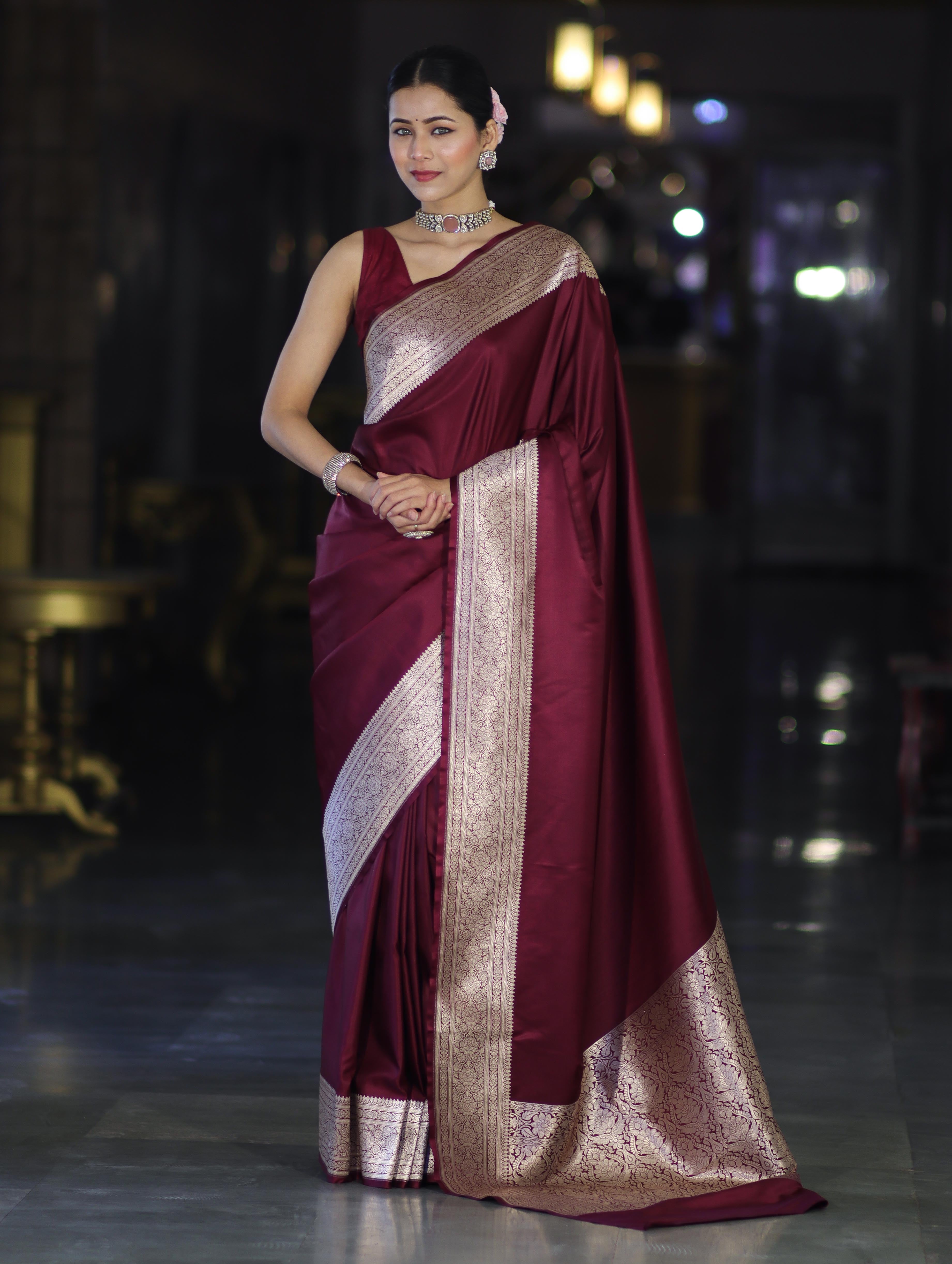 Banarasee Handwoven Plain Semi Katan Saree With Broad Zari Border-Deep Maroon