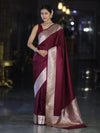 Banarasee Handwoven Plain Semi Katan Saree With Broad Zari Border-Deep Maroon