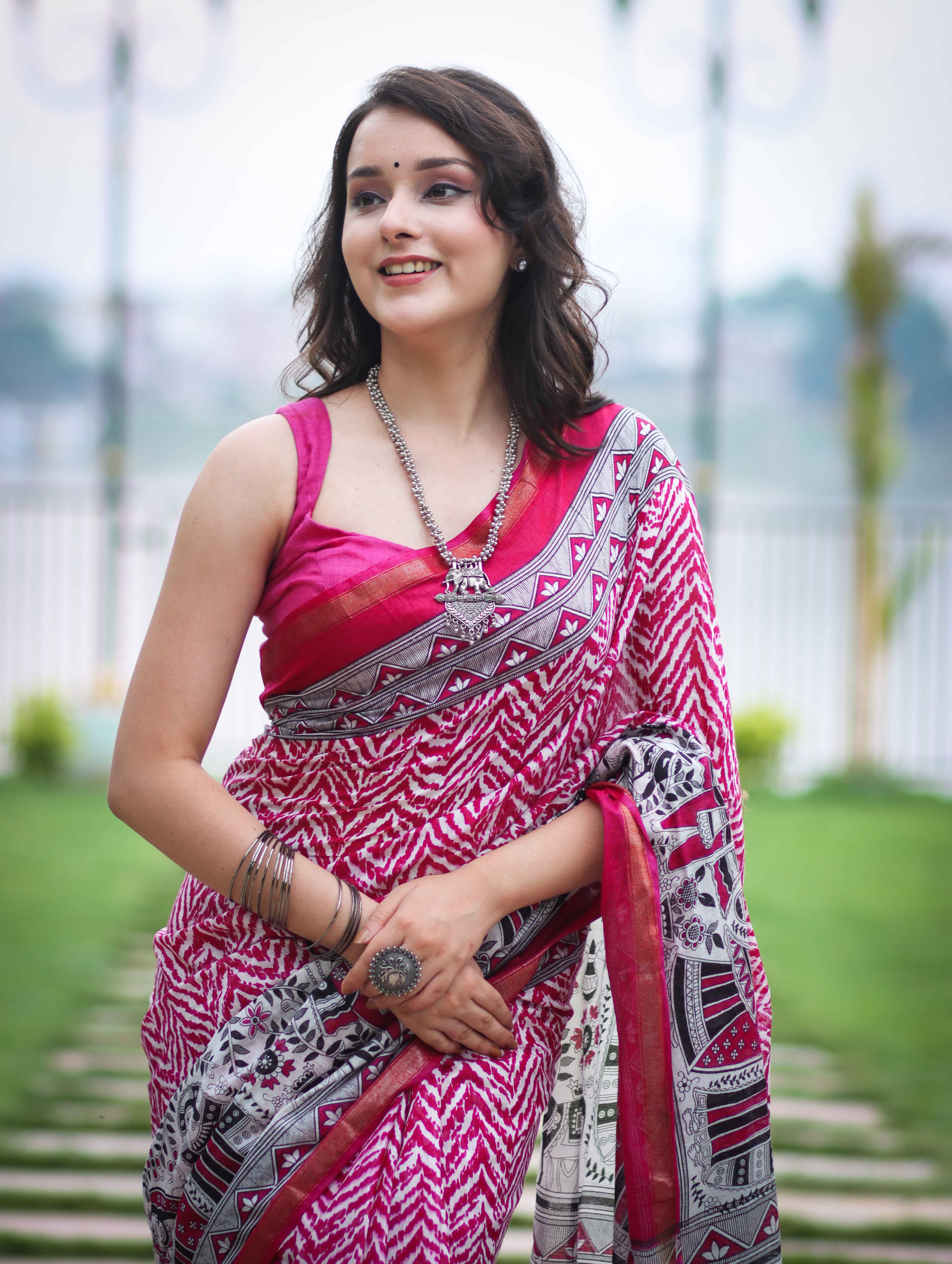 Bhagalpur Cotton Silk Ghichha Work Saree With Madhubani Print-Magenta