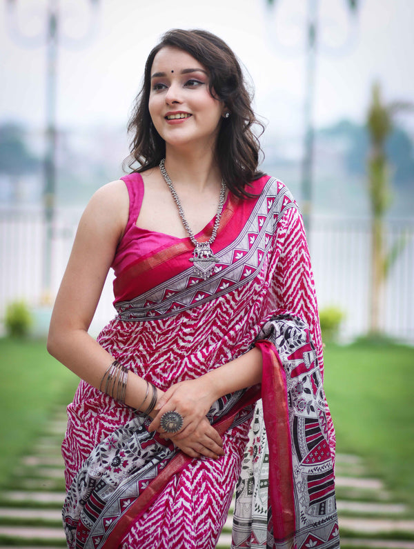 Bhagalpur Cotton Silk Ghichha Work Saree With Madhubani Print-Magenta
