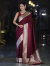 Banarasee Handwoven Plain Semi Katan Saree With Broad Zari Border-Deep Maroon