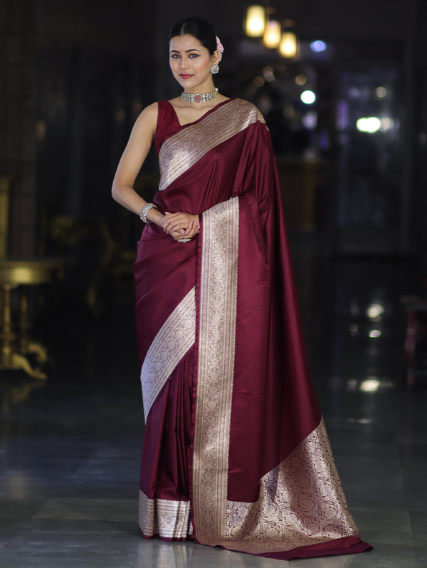 Banarasee Handwoven Plain Semi Katan Saree With Broad Zari Border-Deep Maroon