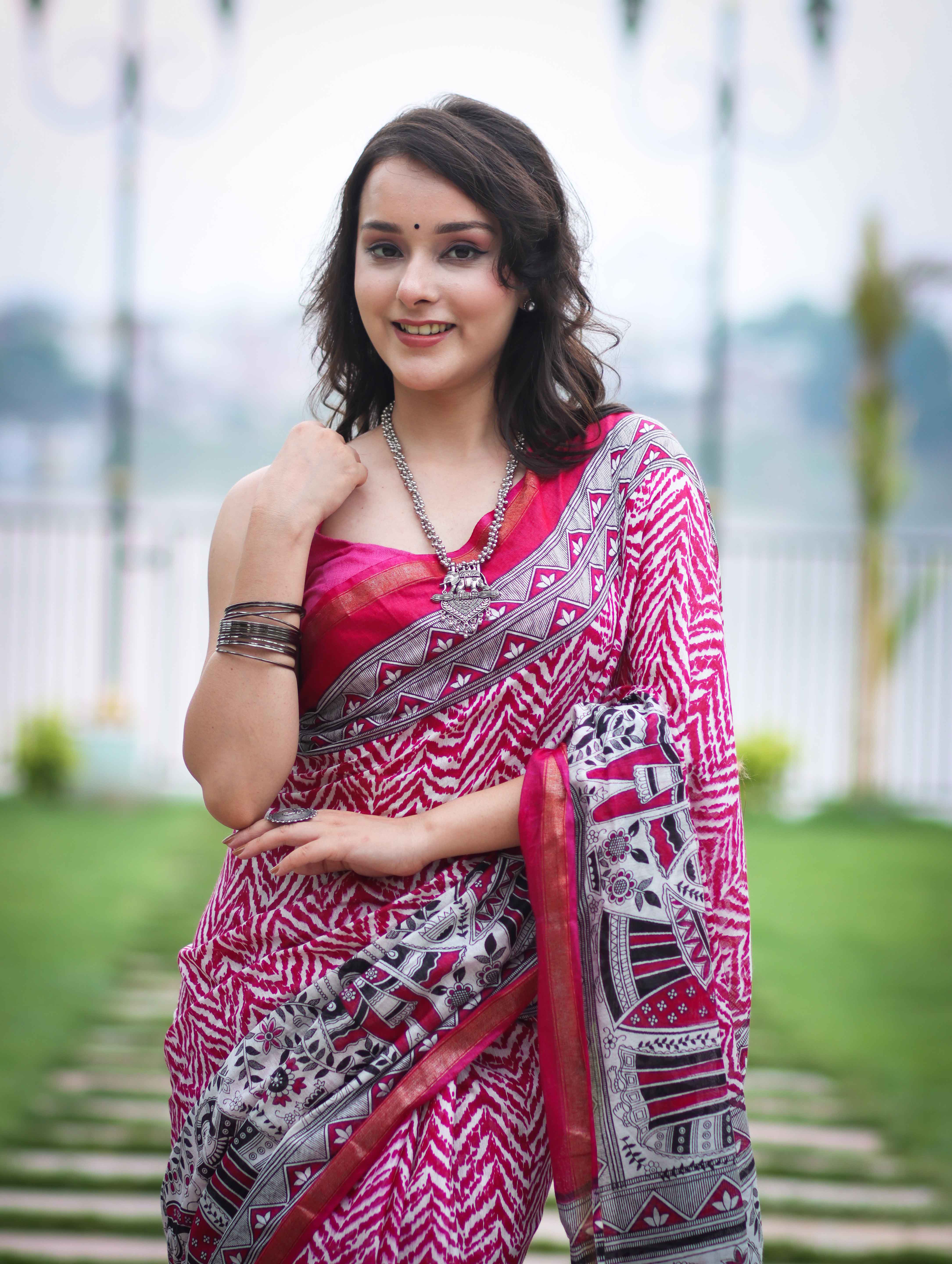 Bhagalpur Cotton Silk Ghichha Work Saree With Madhubani Print-Magenta