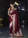 Banarasee Handwoven Plain Semi Katan Saree With Broad Zari Border-Deep Maroon