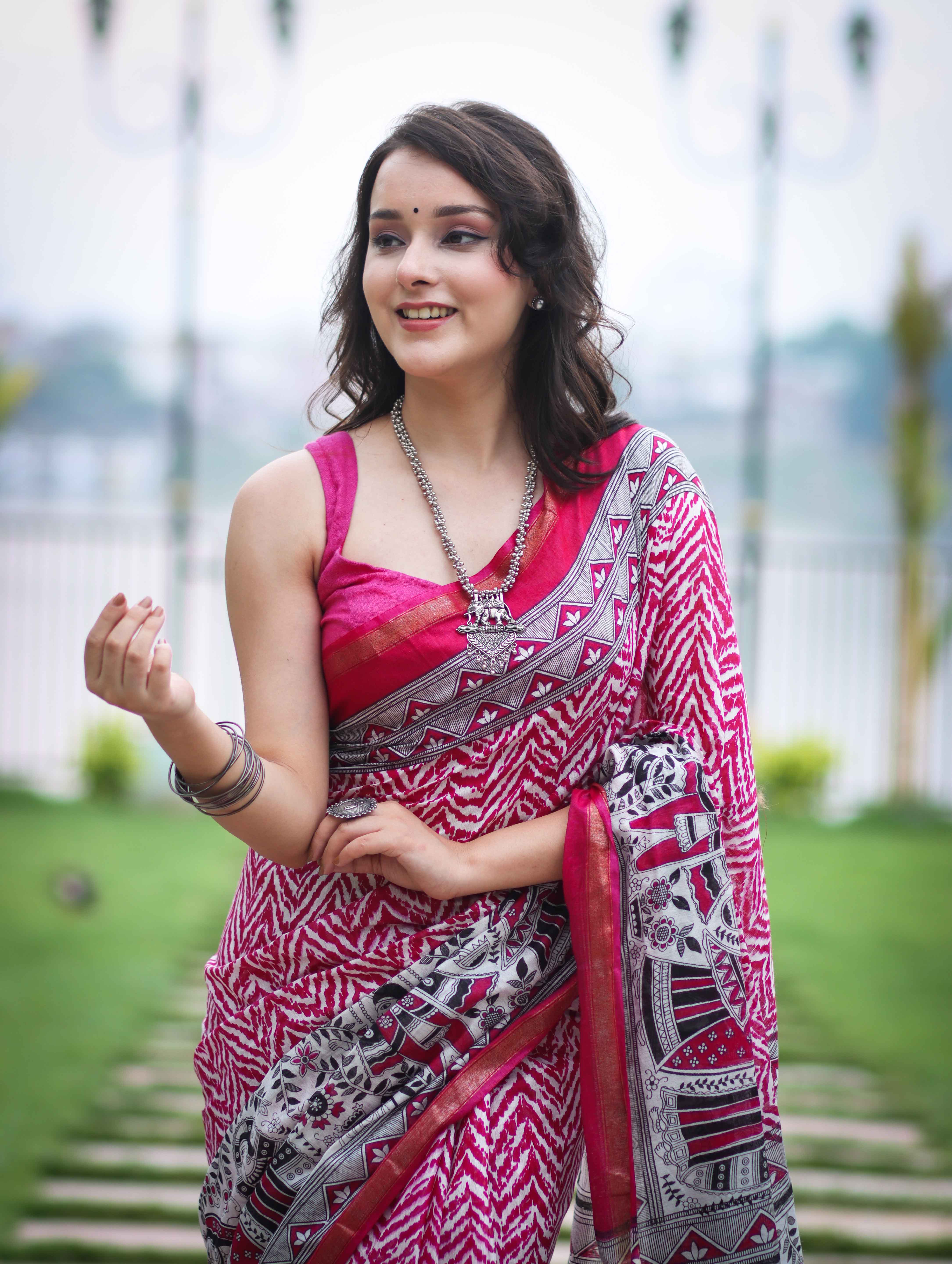 Bhagalpur Cotton Silk Ghichha Work Saree With Madhubani Print-Magenta