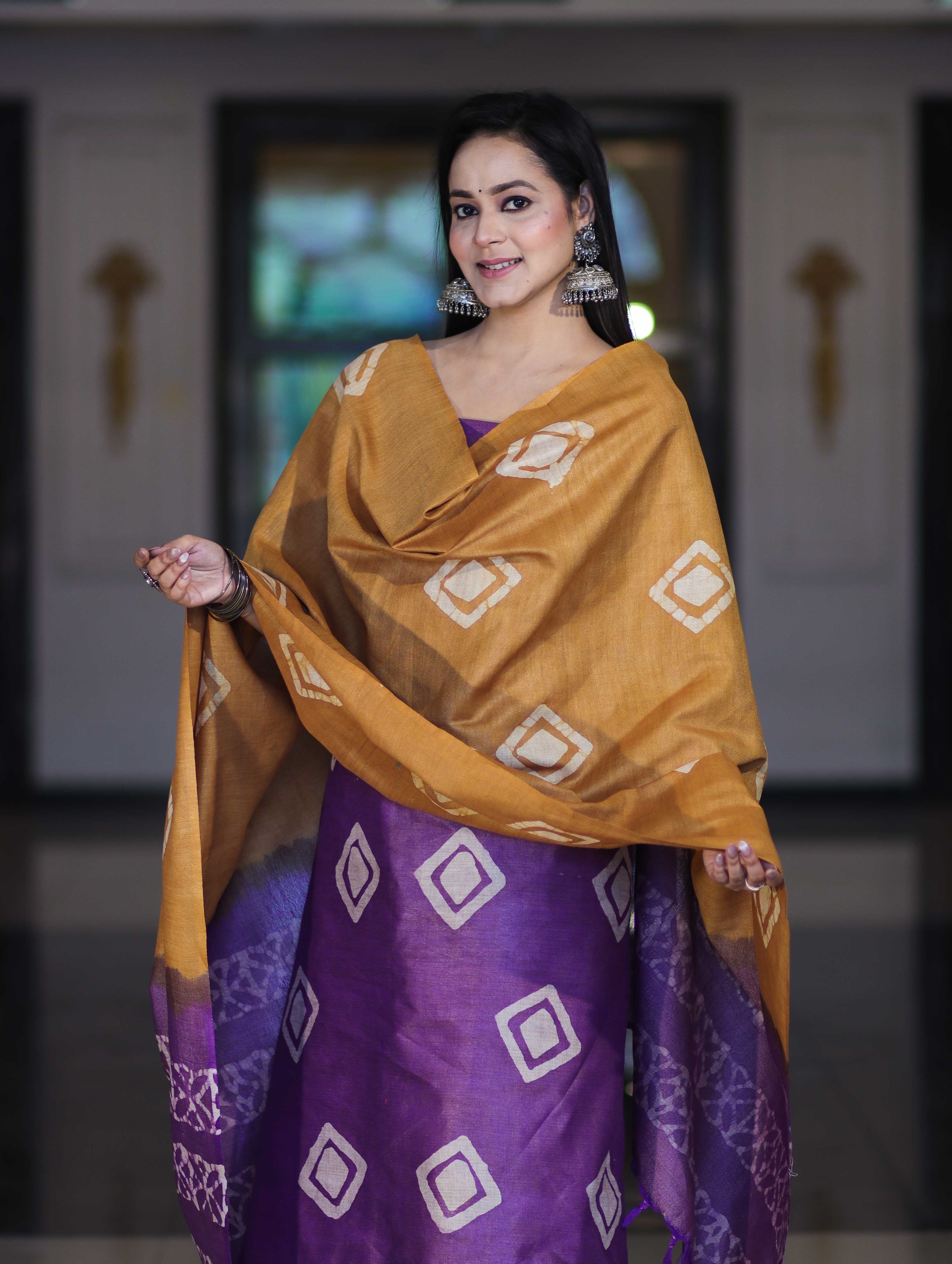 Pure Handloom Khadi Cotton Hand-Dyed Batik Pattern Salwar Kameez Dupatta Set-Violet & Mustard Yellow