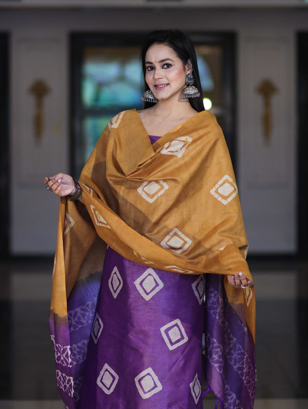 Pure Handloom Khadi Cotton Hand-Dyed Batik Pattern Salwar Kameez Dupatta Set-Violet & Mustard Yellow