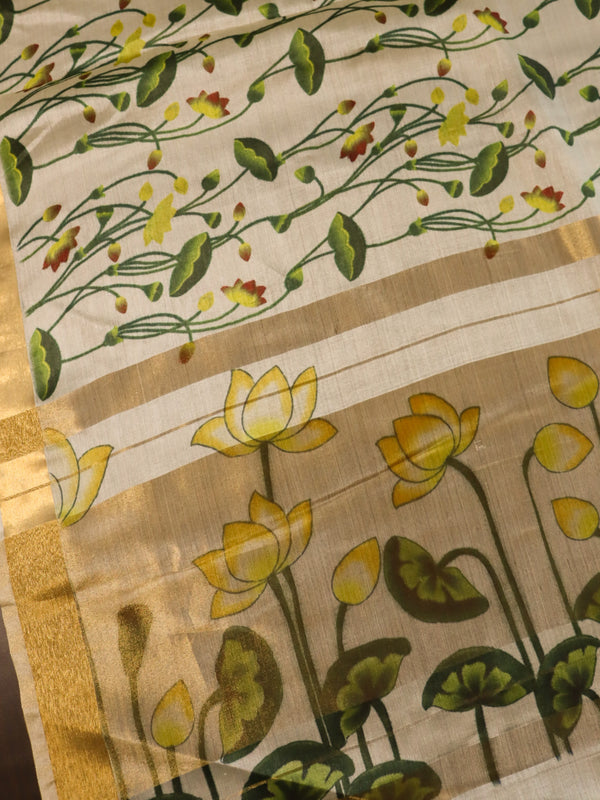 Banarasee Pure Tussar Silk Saree With Digital Print & Zari Border-Cream