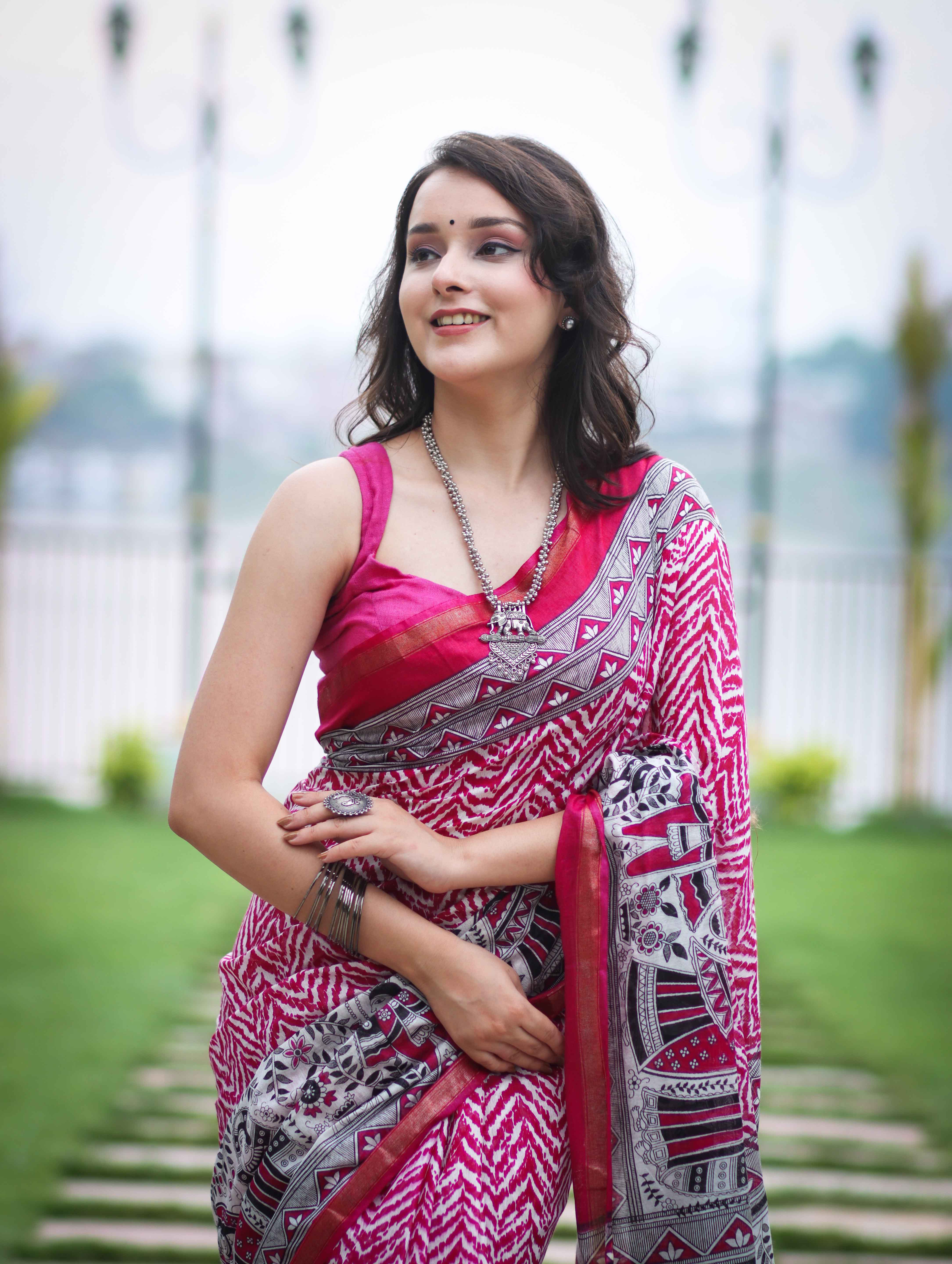 Bhagalpur Cotton Silk Ghichha Work Saree With Madhubani Print-Magenta
