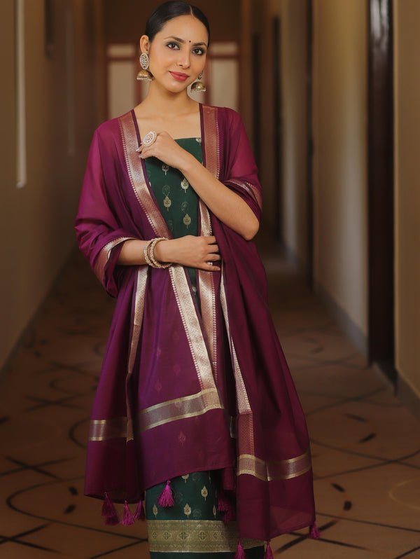 Banarasee Cotton Silk Zari Work Salwar Kameez Fabric With Plain Contrast Dupatta-Green & Magenta