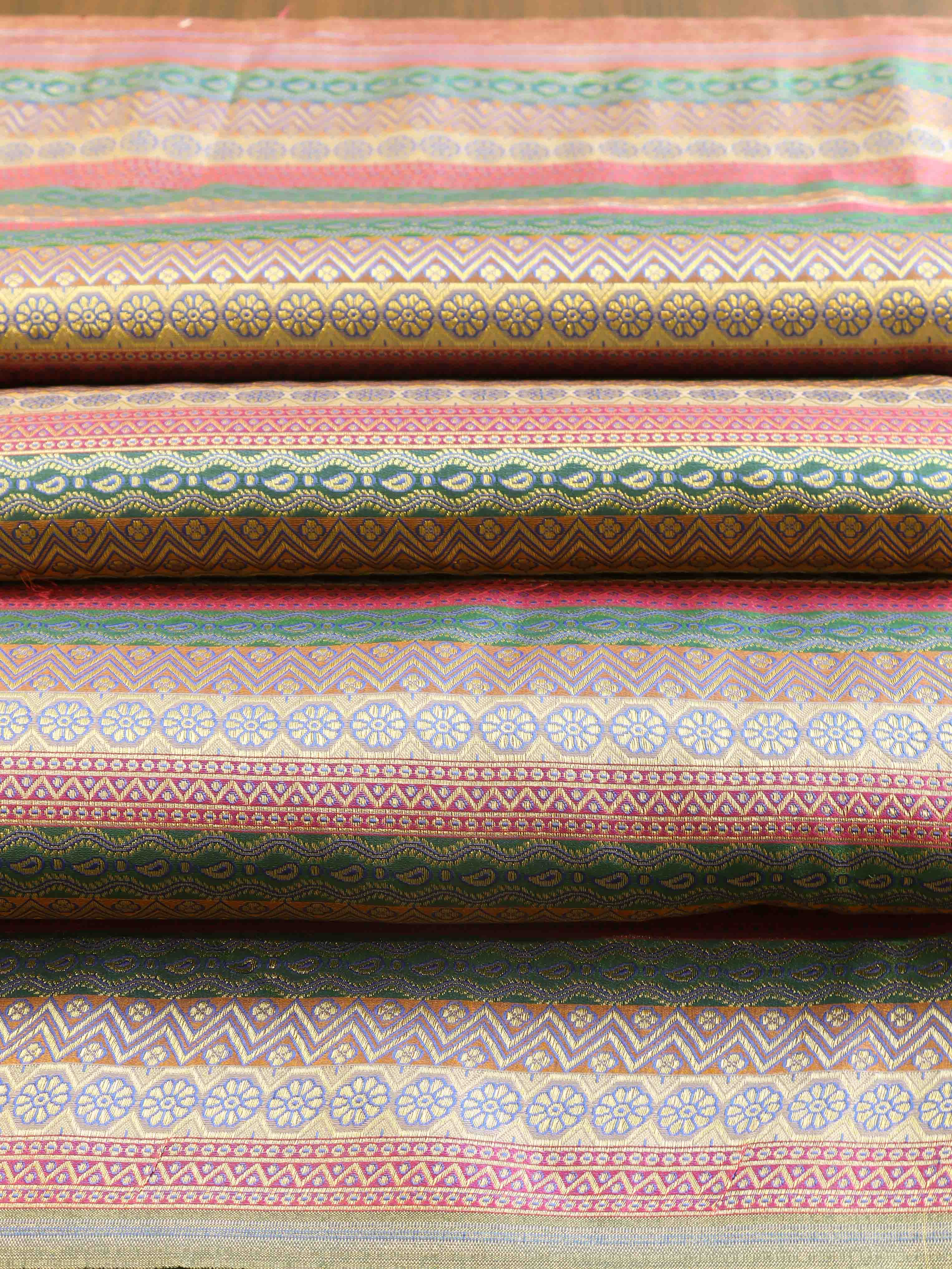 Banarasee Satin Brocade Stripes Design Fabric-Multicolor