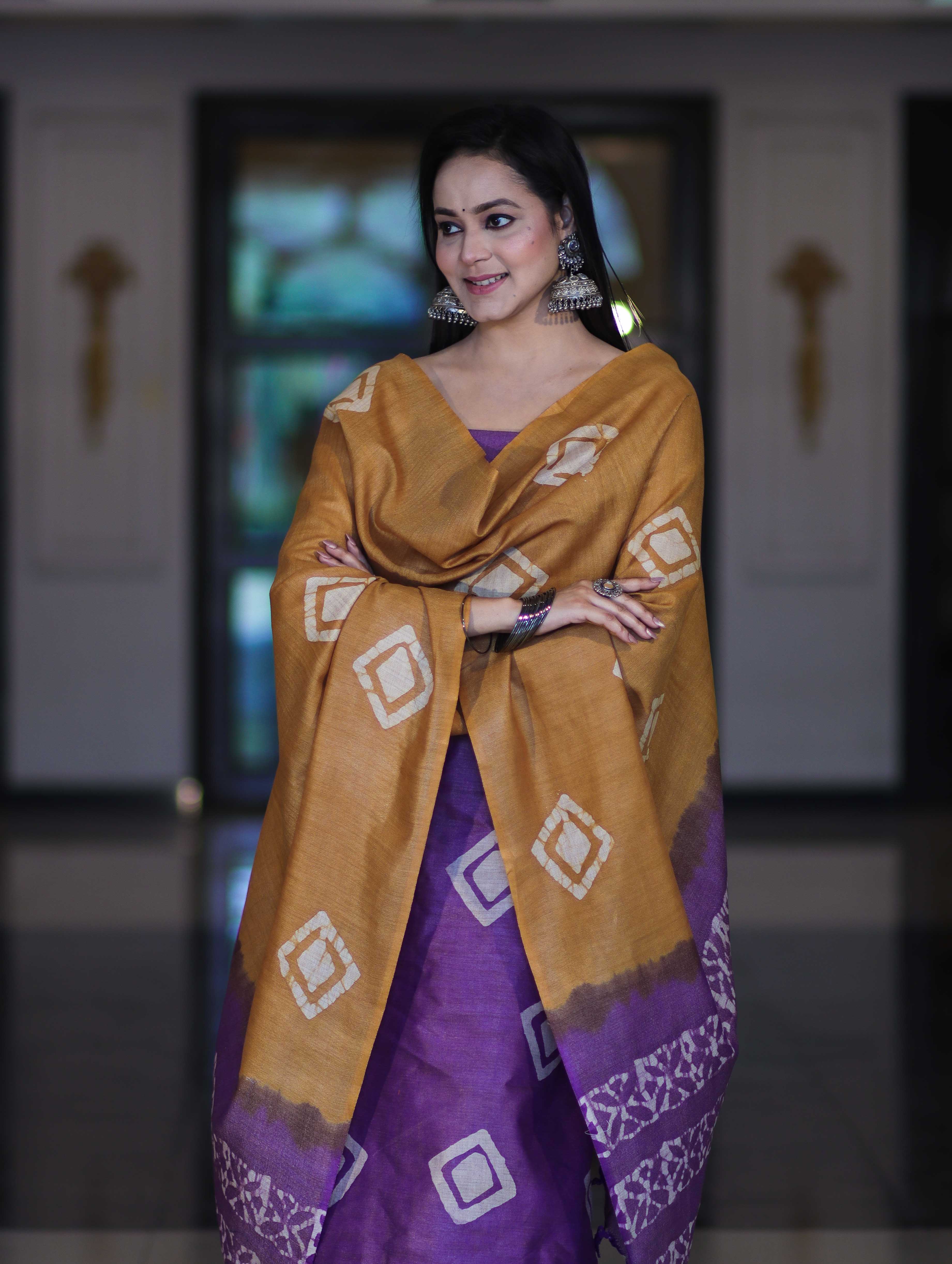 Pure Handloom Khadi Cotton Hand-Dyed Batik Pattern Salwar Kameez Dupatta Set-Violet & Mustard Yellow