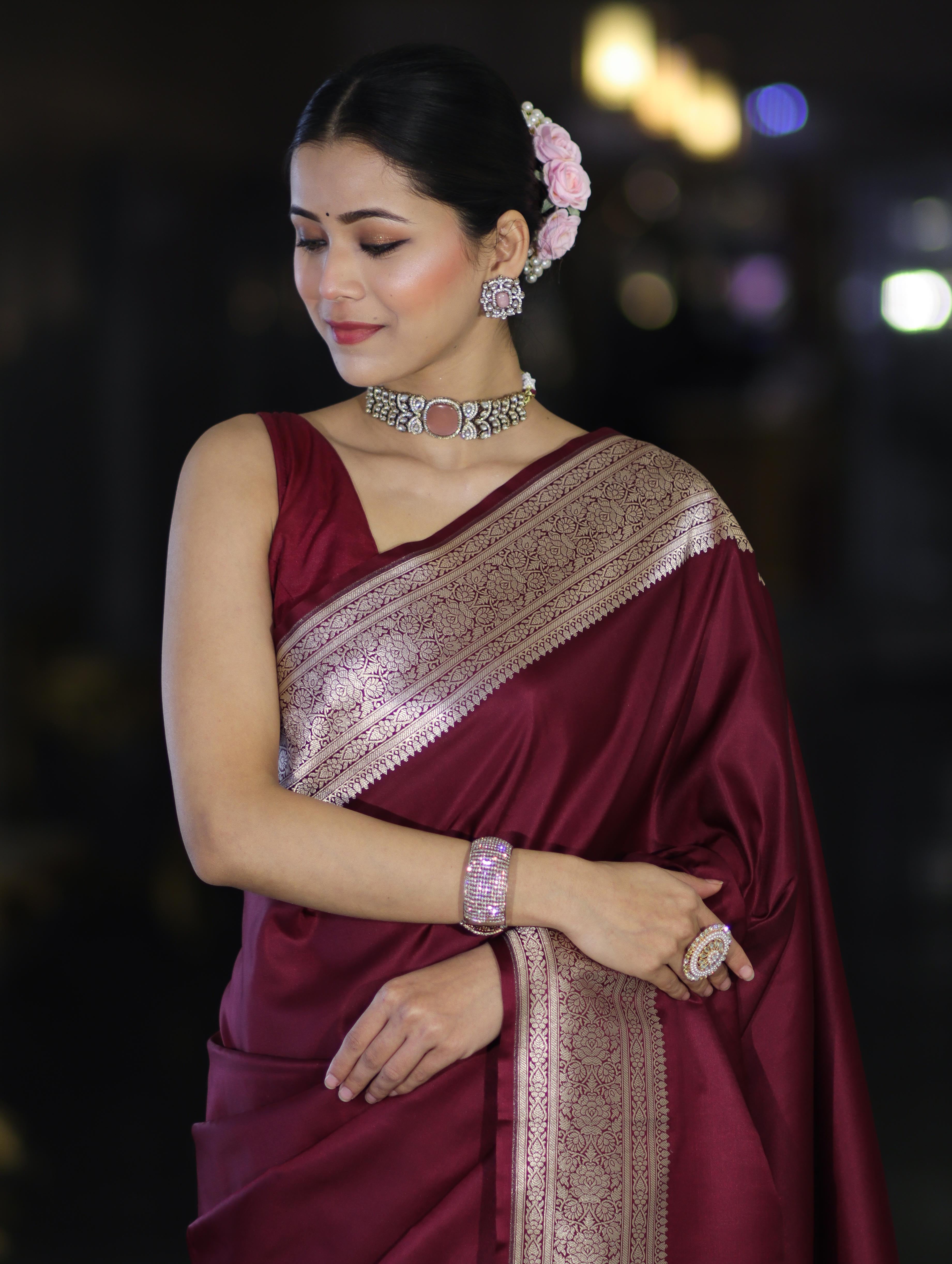 Banarasee Handwoven Plain Semi Katan Saree With Broad Zari Border-Deep Maroon