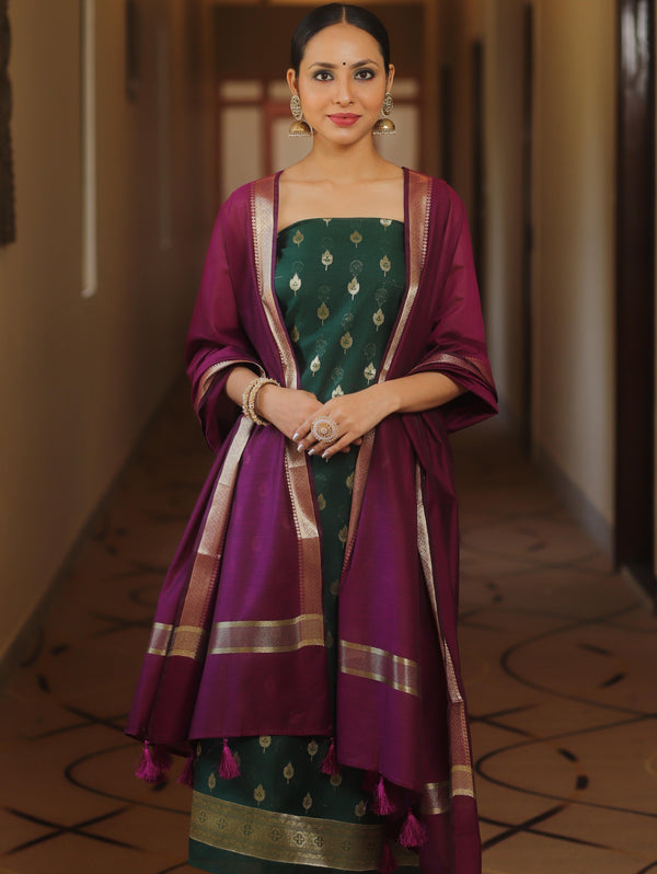 Banarasee Cotton Silk Zari Work Salwar Kameez Fabric With Plain Contrast Dupatta-Green & Magenta
