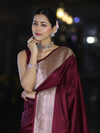 Banarasee Handwoven Plain Semi Katan Saree With Broad Zari Border-Deep Maroon