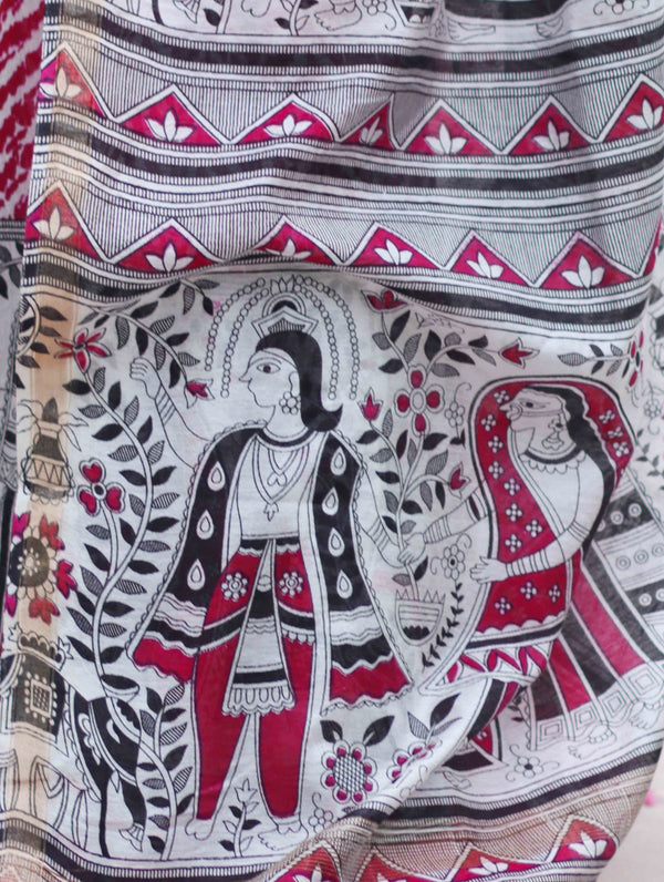 Bhagalpur Cotton Silk Ghichha Work Saree With Madhubani Print-Magenta
