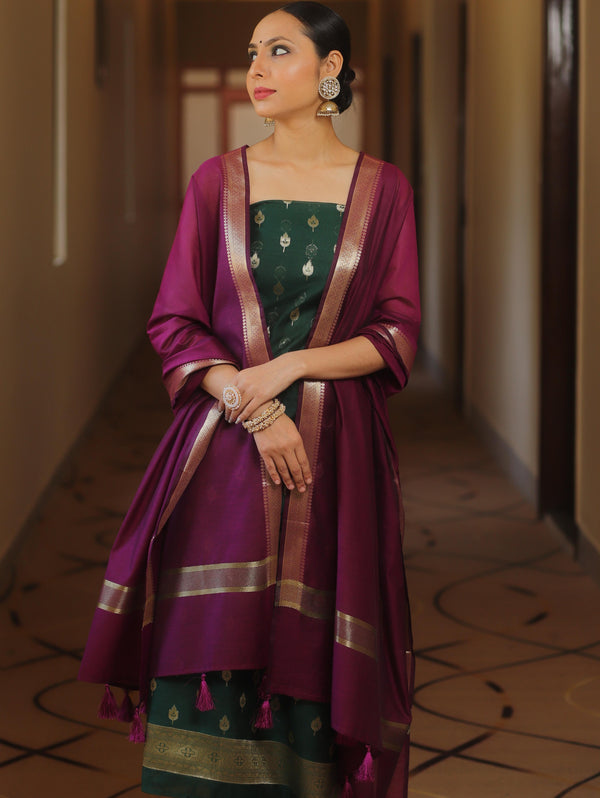 Banarasee Cotton Silk Zari Work Salwar Kameez Fabric With Plain Contrast Dupatta-Green & Magenta