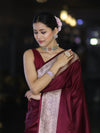 Banarasee Handwoven Plain Semi Katan Saree With Broad Zari Border-Deep Maroon