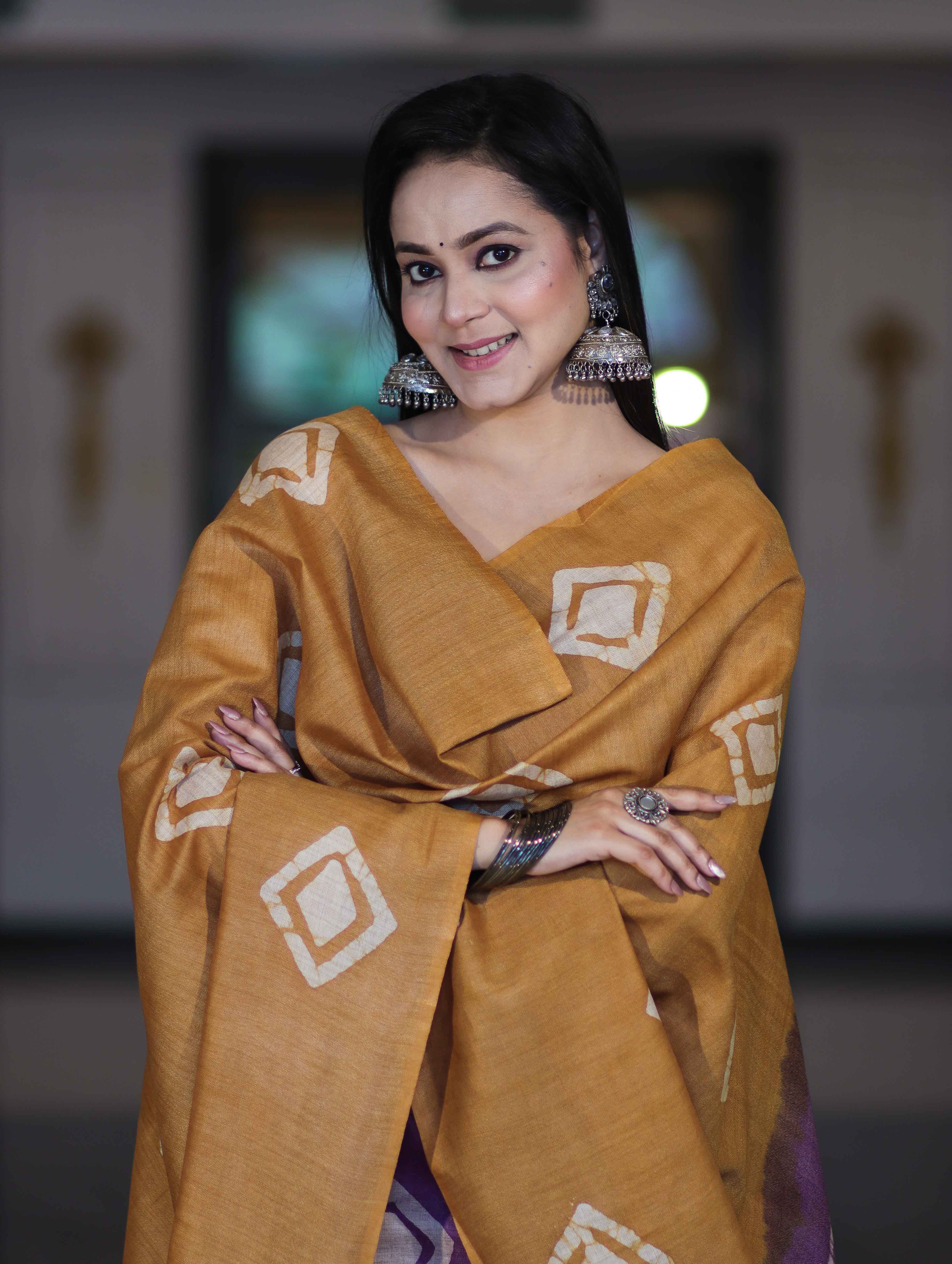 Pure Handloom Khadi Cotton Hand-Dyed Batik Pattern Salwar Kameez Dupatta Set-Violet & Mustard Yellow