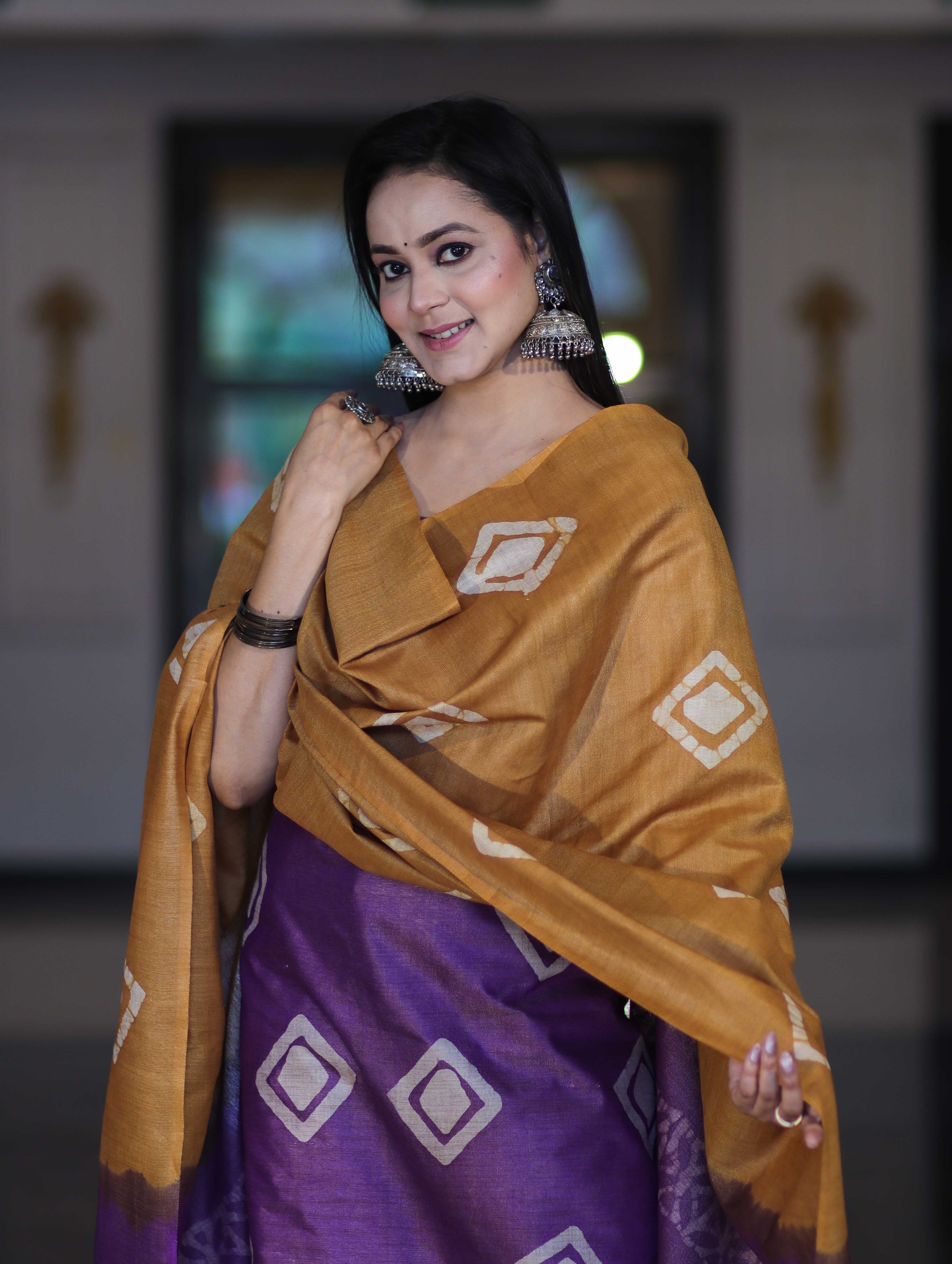 Pure Handloom Khadi Cotton Hand-Dyed Batik Pattern Salwar Kameez Dupatta Set-Violet & Mustard Yellow