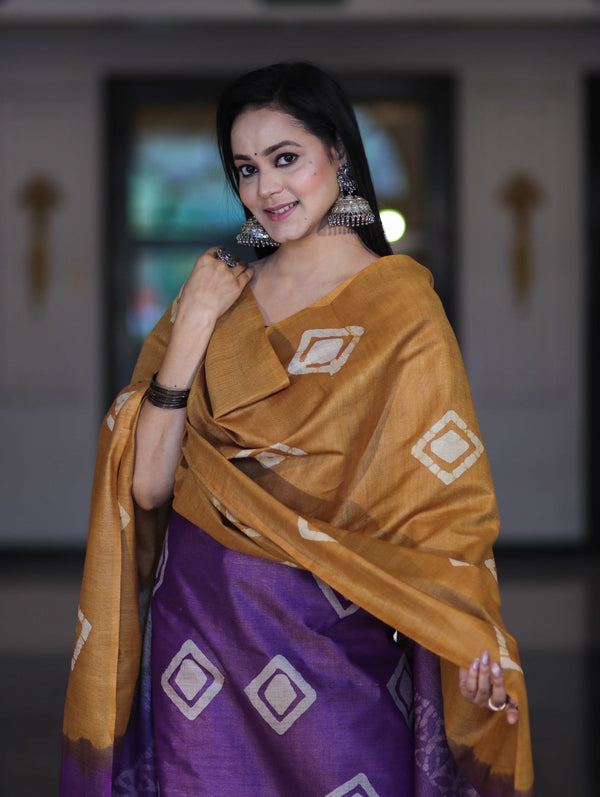 Pure Handloom Khadi Cotton Hand-Dyed Batik Pattern Salwar Kameez Dupatta Set-Violet & Mustard Yellow