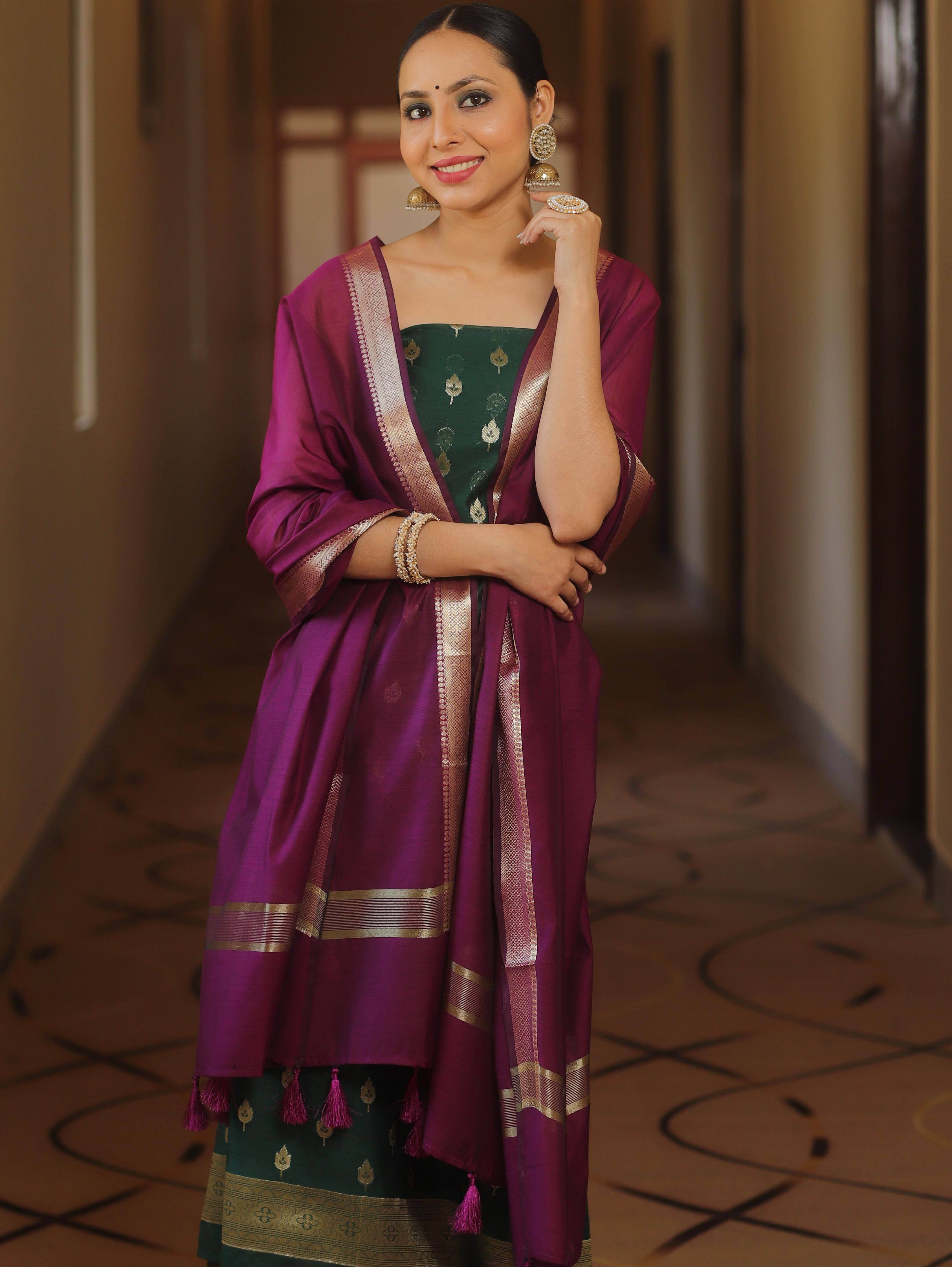Banarasee Cotton Silk Zari Work Salwar Kameez Fabric With Plain Contrast Dupatta-Green & Magenta