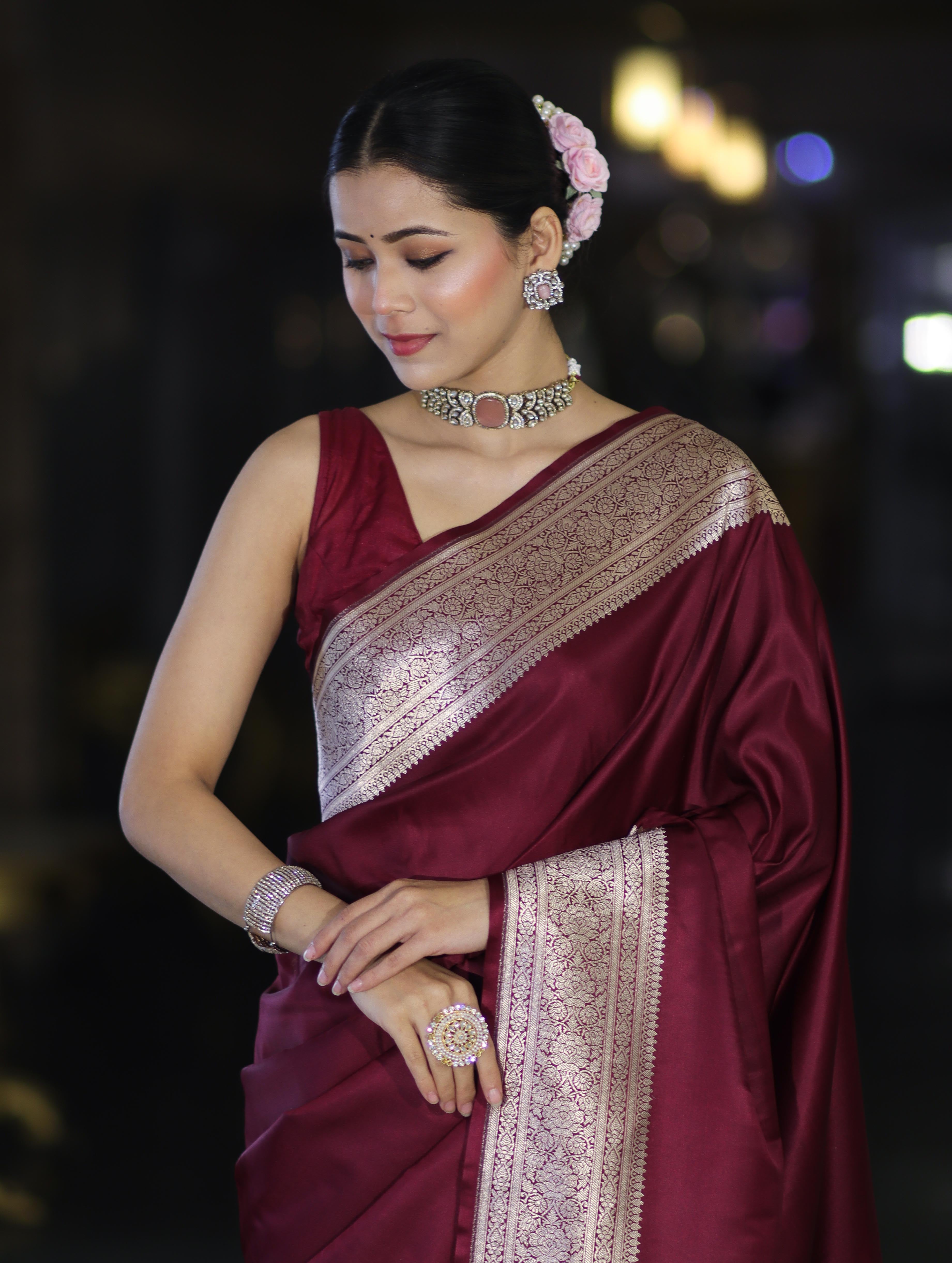 Banarasee Handwoven Plain Semi Katan Saree With Broad Zari Border-Deep Maroon