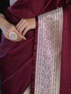 Banarasee Handwoven Plain Semi Katan Saree With Broad Zari Border-Deep Maroon