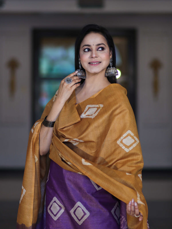 Pure Handloom Khadi Cotton Hand-Dyed Batik Pattern Salwar Kameez Dupatta Set-Violet & Mustard Yellow