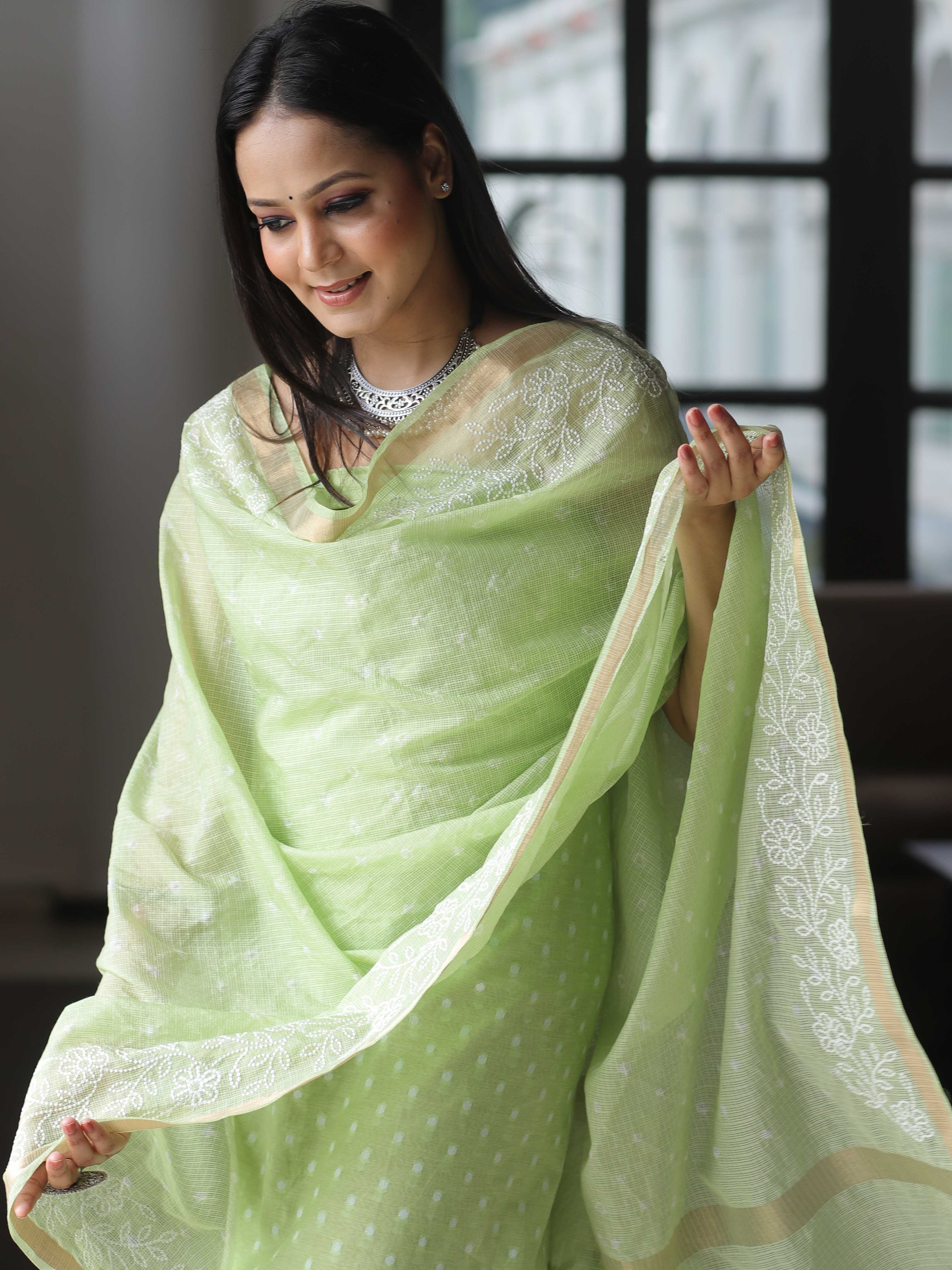Banarasee Chanderi Cotton Resham Buti Salwar Kameez Fabric With embroidered Kota Dupatta-Green