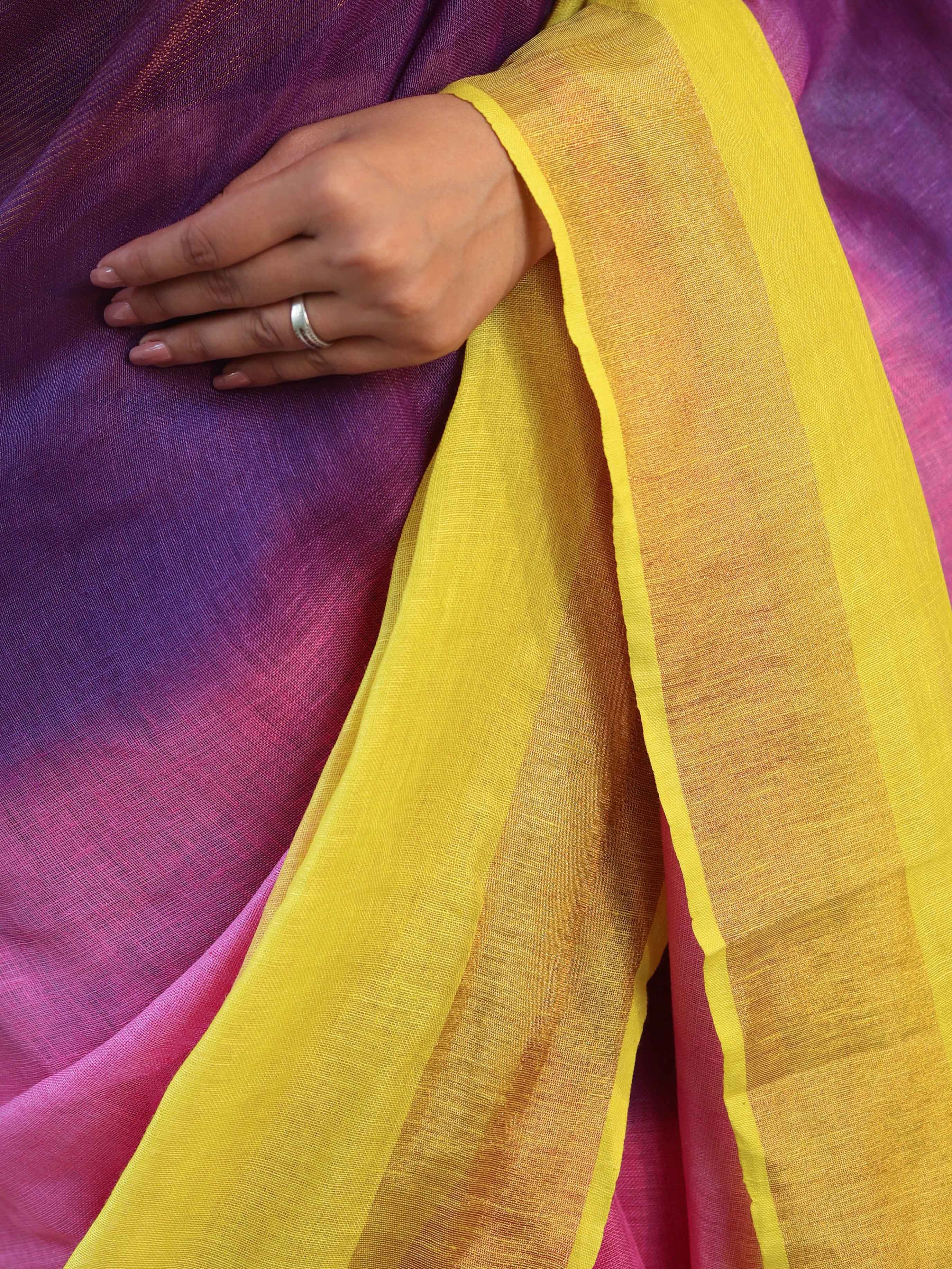 Banarasee Handloom Pure Linen Shine Saree-Multicolor