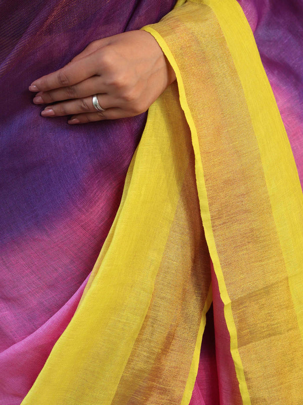 Banarasee Handloom Pure Linen Shine Saree-Multicolor