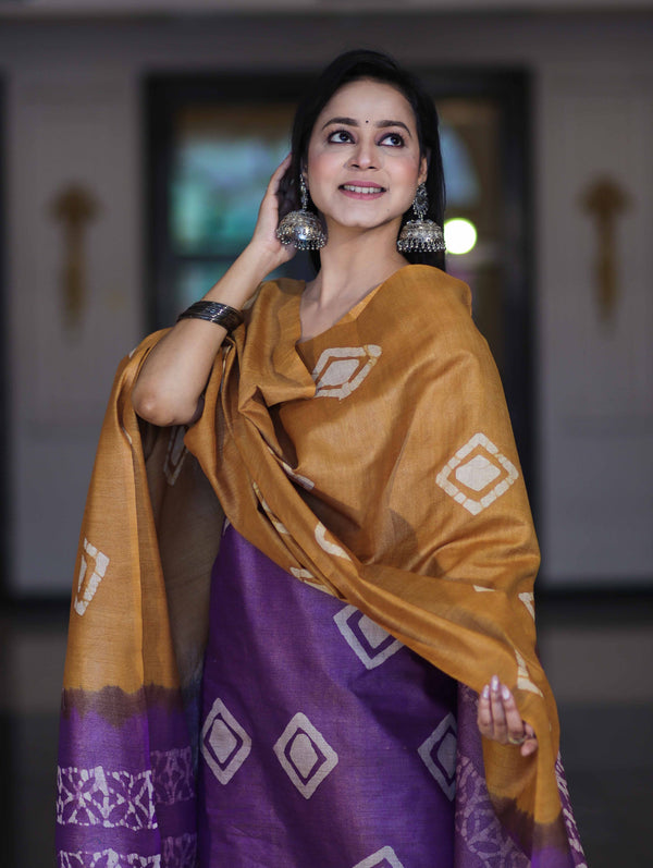 Pure Handloom Khadi Cotton Hand-Dyed Batik Pattern Salwar Kameez Dupatta Set-Violet & Mustard Yellow
