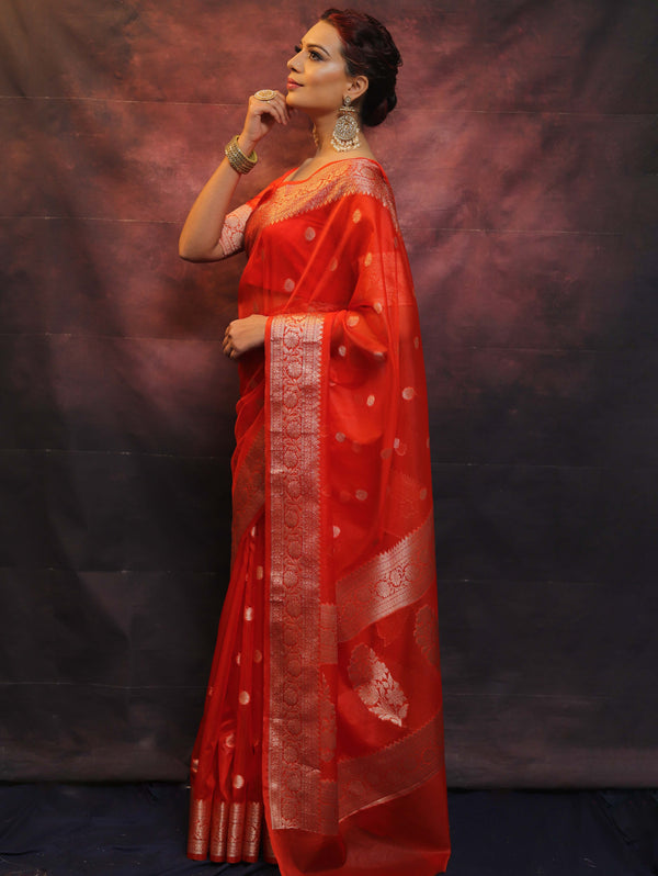 Banarasee Organza Mix Saree With Silver Zari Work-Orange