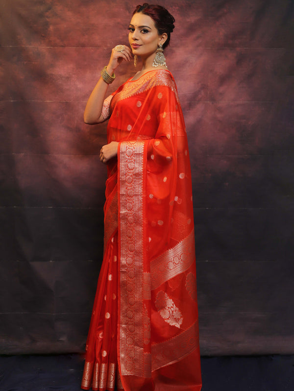 Banarasee Organza Mix Saree With Silver Zari Work-Orange