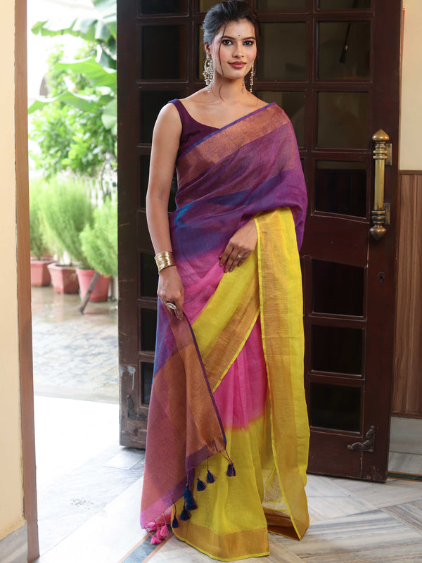 Banarasee Handloom Pure Linen Shine Saree-Multicolor
