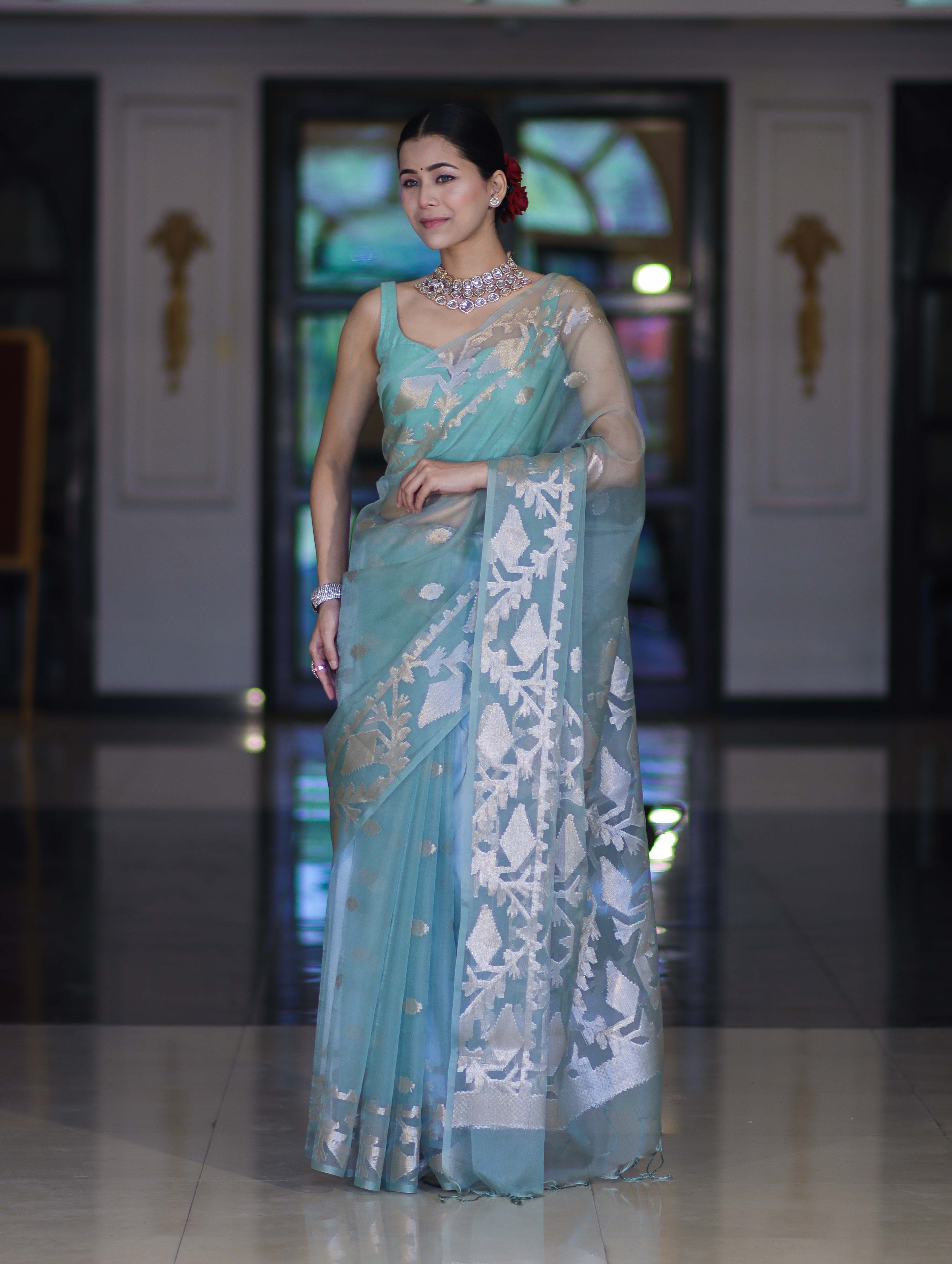 Banarasee Organza Mix Saree With Zari Work & Border-Dusty Green