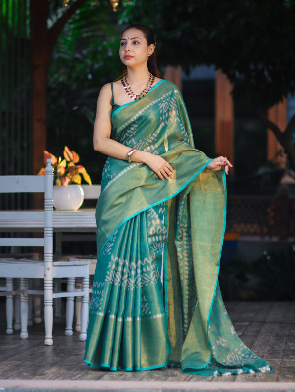 Bhagalpur Handloom Linen Tissue Batik Pattern Saree-Green