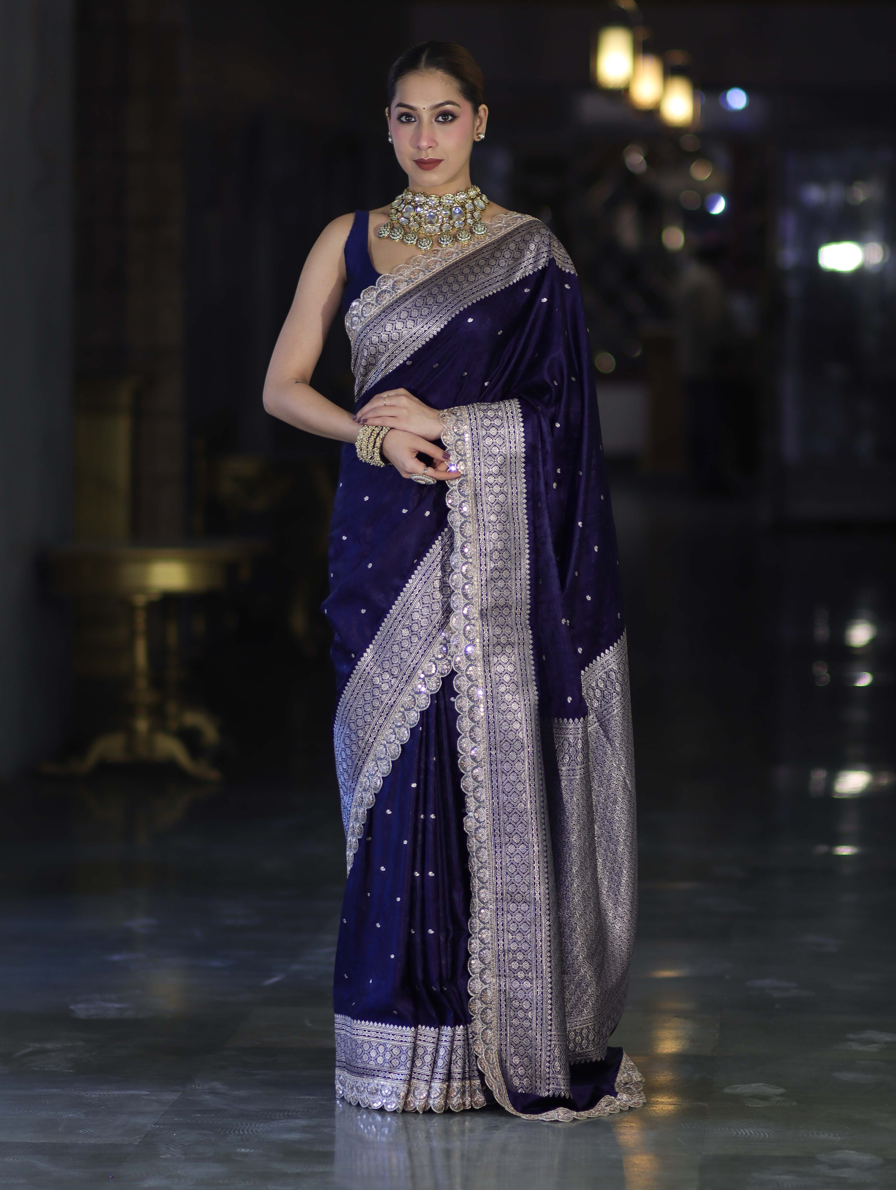 Banarasee Handloom Mashru Silk Saree With Buti Design Zari Border & Lace-Navy Blue