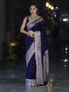 Banarasee Handloom Mashru Silk Saree With Buti Design Zari Border & Lace-Navy Blue